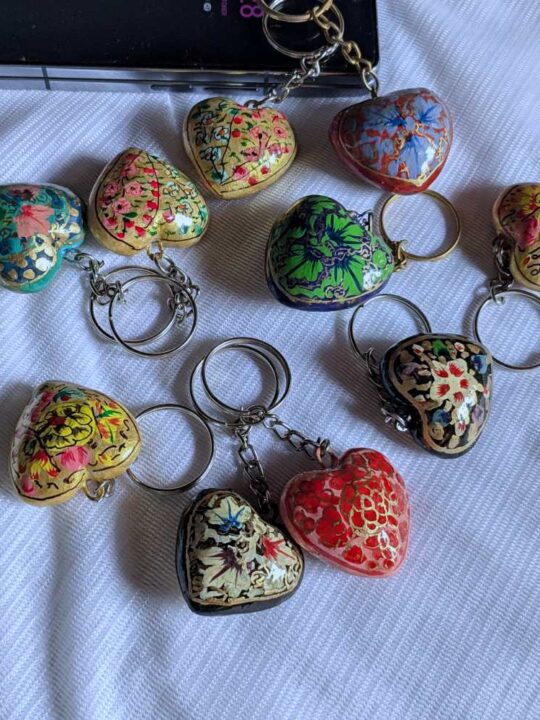 Heart Shaped Paper Machie Keychains: Set of 20,50,100 | Wedding, Party, Mehndi Favor and Gifts from Kashmir