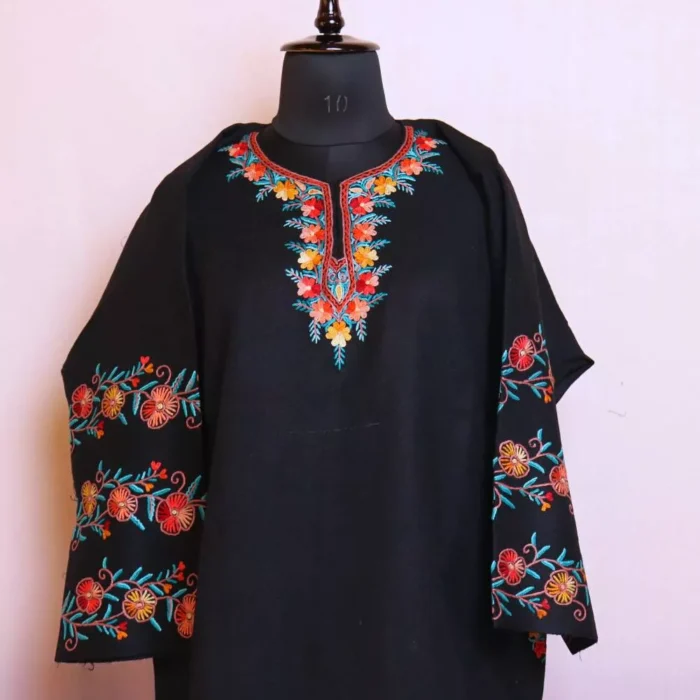 Designer Black Poshbaagh Pheran With Hand Aari Embroidery on Neck and Sleeves- Needle Magic (38,53) - Image 3