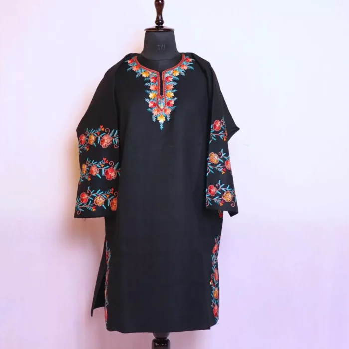 Designer Black Poshbaagh Pheran With Hand Aari Embroidery on Neck and Sleeves- Needle Magic (38,53) - Image 2