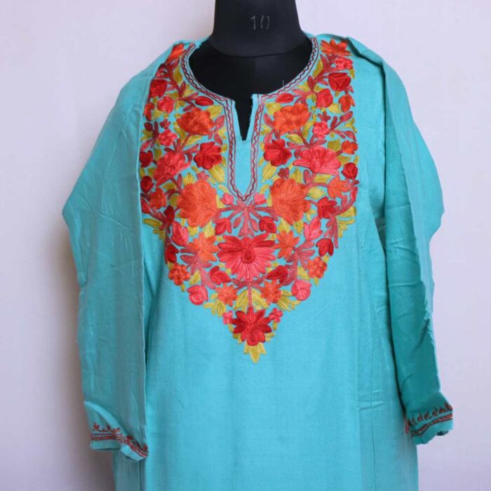 Women Kashmiri Phiran Bluish Color with Beautiful Aari Embroidery -Marhaba - Image 3