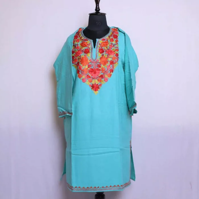 Women Kashmiri Phiran Bluish Color with Beautiful Aari Embroidery -Marhaba