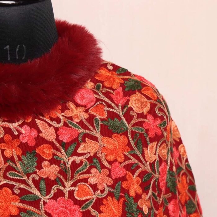 Kashmiri Maroon Aari Embroidery Fur Poncho - Bisma - Image 3