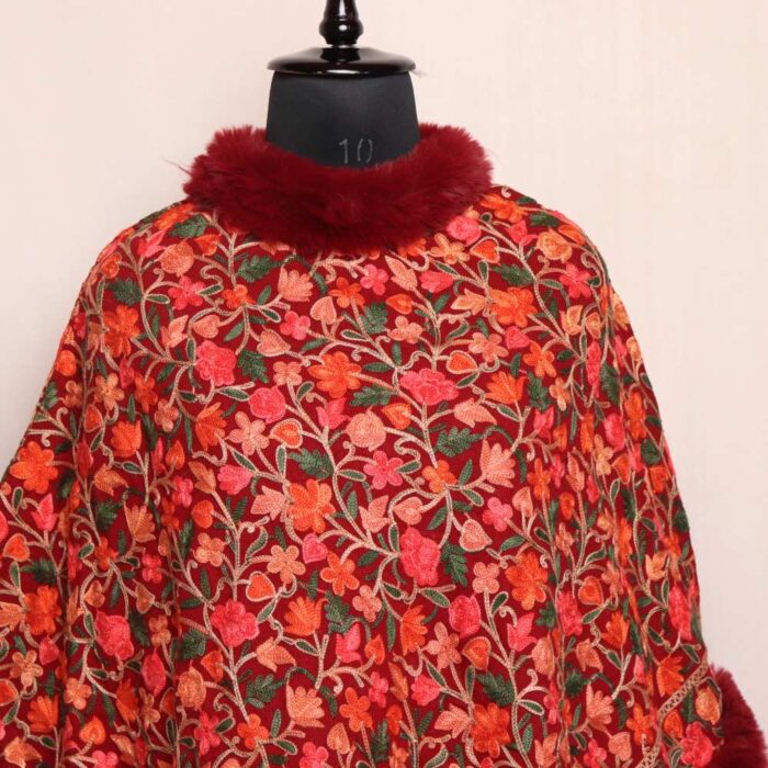 Kashmiri Maroon Aari Embroidery Fur Poncho - Bisma - Image 2