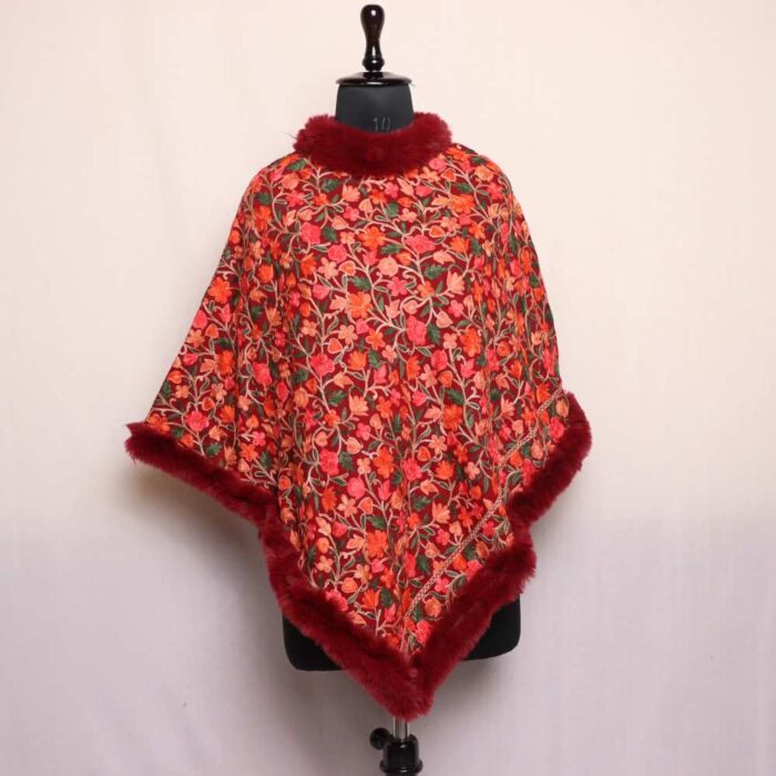 Kashmiri Maroon Aari Embroidery Fur Poncho - Bisma