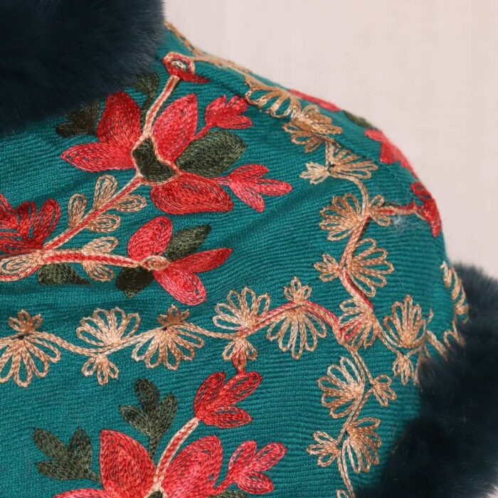 Kashmiri Zeenat Baby Girl Aqua Color Woolen Aari Embroidery Fur Poncho - Image 3