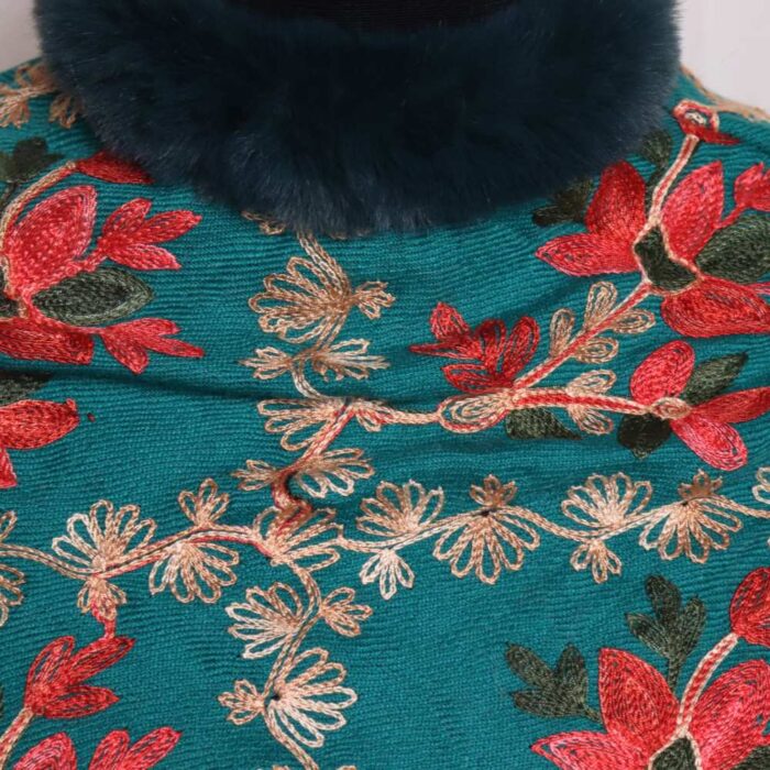 Kashmiri Zeenat Baby Girl Aqua Color Woolen Aari Embroidery Fur Poncho - Image 2