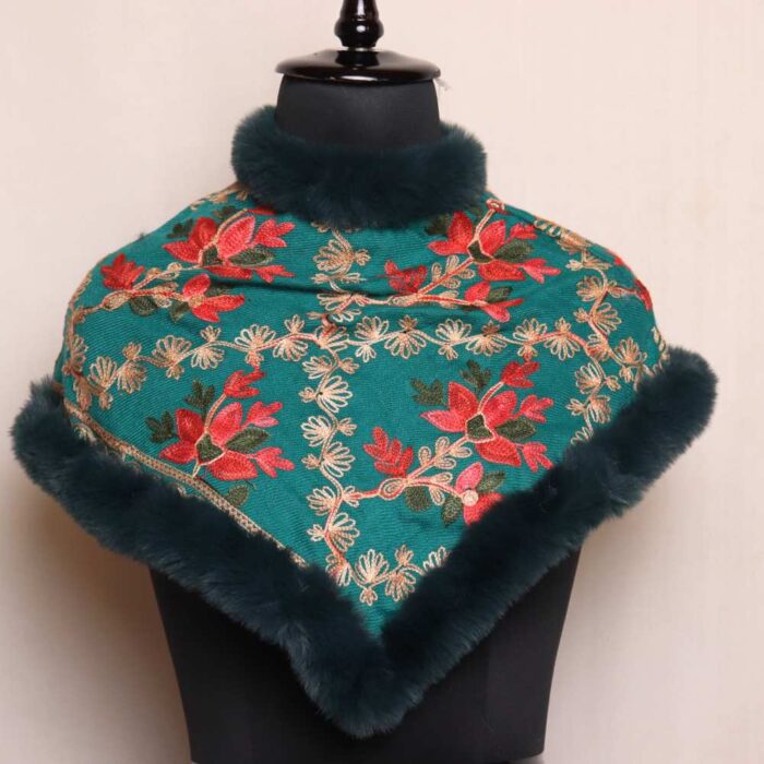 Kashmiri Zeenat Baby Girl Aqua Color Woolen Aari Embroidery Fur Poncho