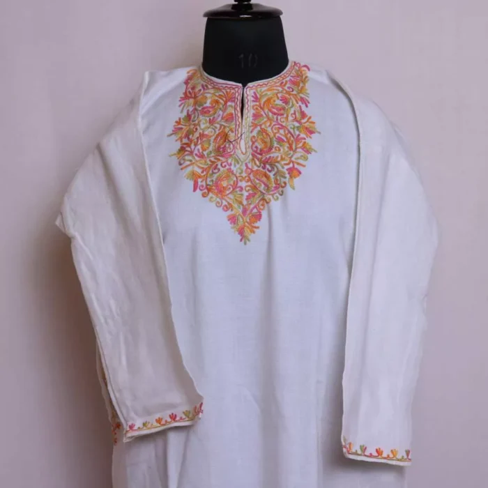 Girls Floral Short Pheran White Kurta for Winter Wear (L 40) - Image 2