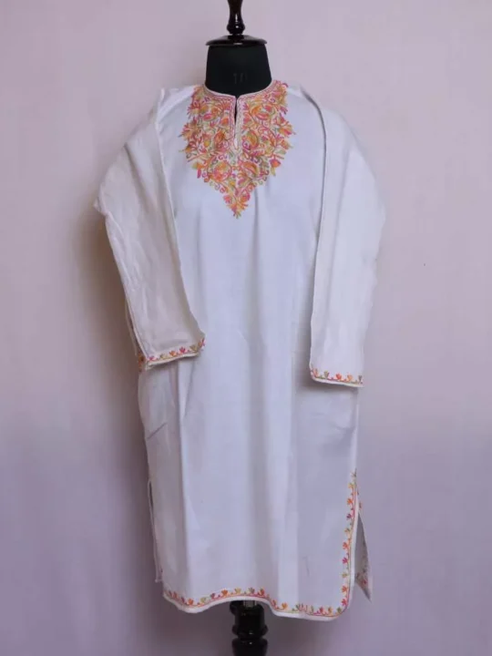 Girls Floral Short Pheran White Kurta for Winter Wear (L 40)