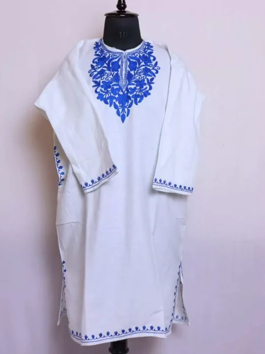 Kashmir Aalam Girls Short Pheran White Kurta With Aari Embroidery (L : 40)