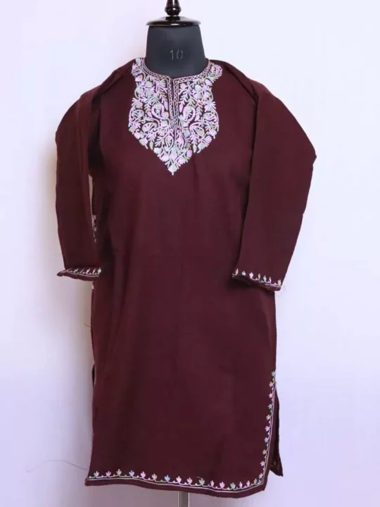 Wine Purple BadamKashmiri Girls Short Pheran Kurta With Aari Work (14-15 years)