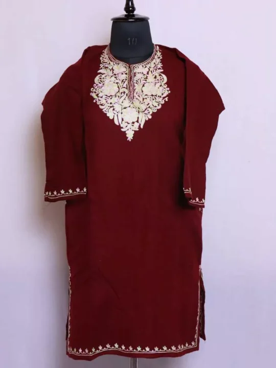 Maroon Kashmiri Girls Short Pheran Mirchi Kurta | Deatiled Aari Embroidery (14-15 years)