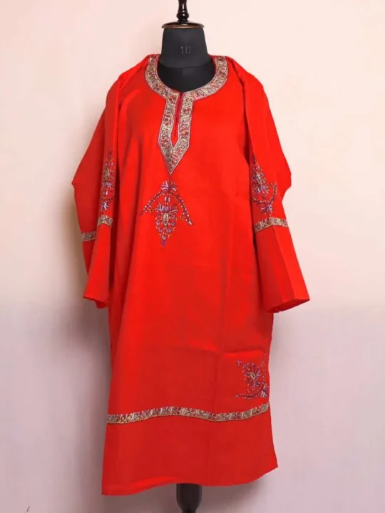 Red Pure Wool Pheran With Beautiful Hand Sozni Work