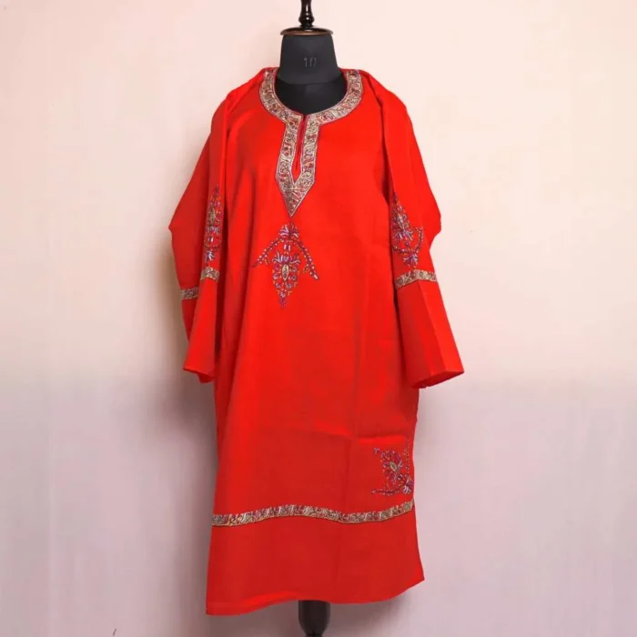 Red Pure Wool Pheran With Beautiful Hand Sozni Work