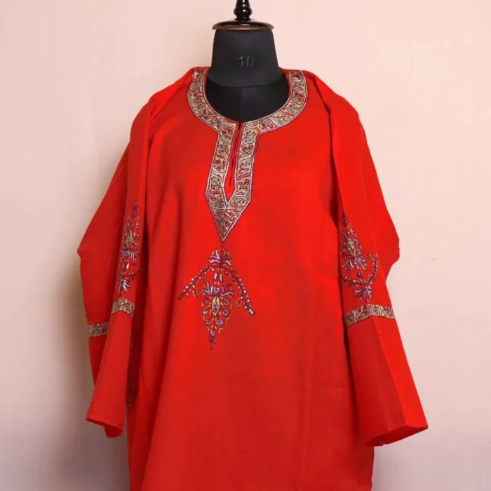 Red Pure Wool Pheran With Beautiful Hand Sozni Work - Image 2