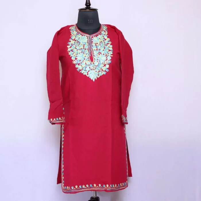 Pink Kashmiri Girls Woolen Kurti Top With Bluish Aari Embroidery (38,38) - Cashmere Poshaak