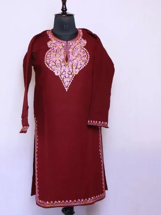 Maroon Heart Kashmiri Girls Woolen Kurta Top With Aari Embroidery (38,46) - Cashmere Poshaak