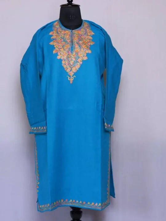 Blue Tre Woolen Kurta Top With Aari Embroidery (40,46) - Cashmere Poshaak