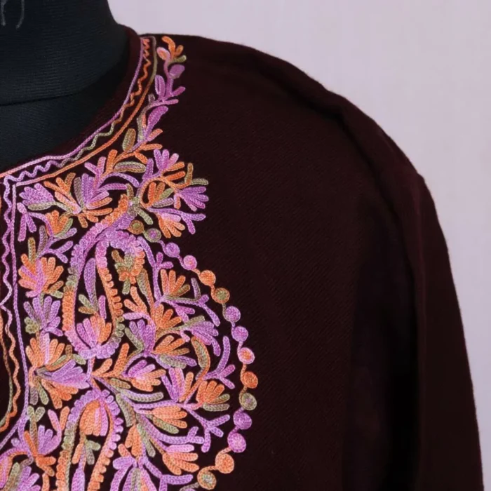 Kashmiri Kurta for Winter Wine Color With Embroidery (38.5/46) - Cashmere Poshaak - Image 2
