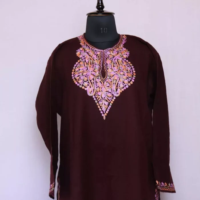 Kashmiri Kurta for Winter Wine Color With Embroidery (38.5/46) - Cashmere Poshaak - Image 3