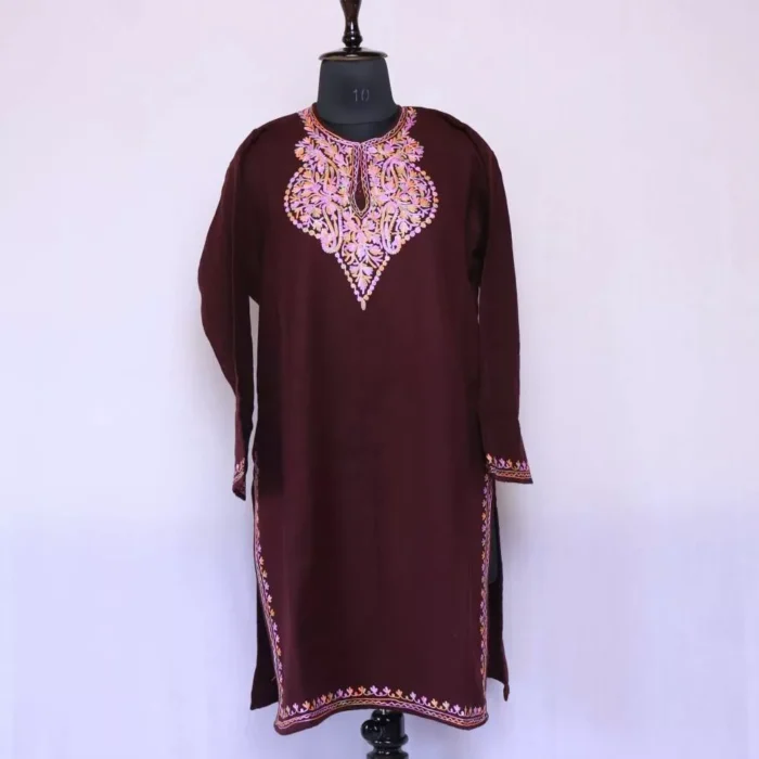 Kashmiri Kurta for Winter Wine Color With Embroidery (38.5/46) - Cashmere Poshaak