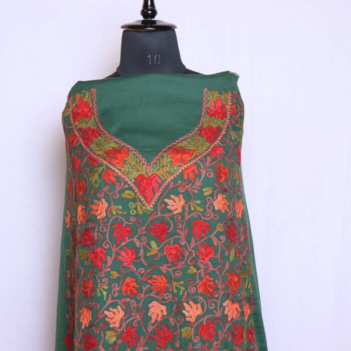 Green Chinari Jaama All Over Woolen Kashmiri Suit 3PC With Embroidery | Mumina - Image 2