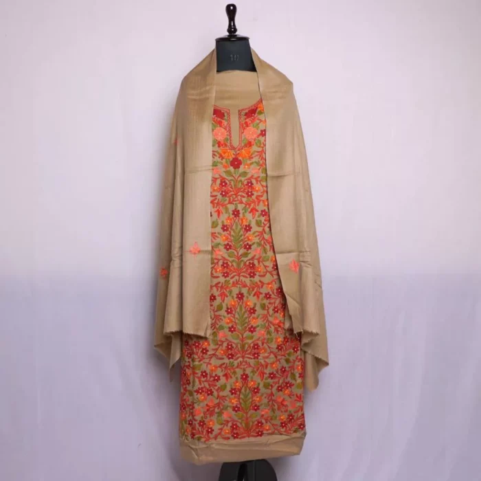 Natural Poshbaagh Kashmiri Woolen Garam Suit 3PC With Jaama All Over Embroidery | Mumina