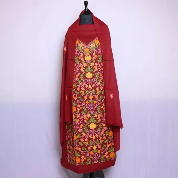 Maroon Poshbaagh Kashmiri Woolen Garam Suit 3PC With Jaama All Over Embroidery | Mumina