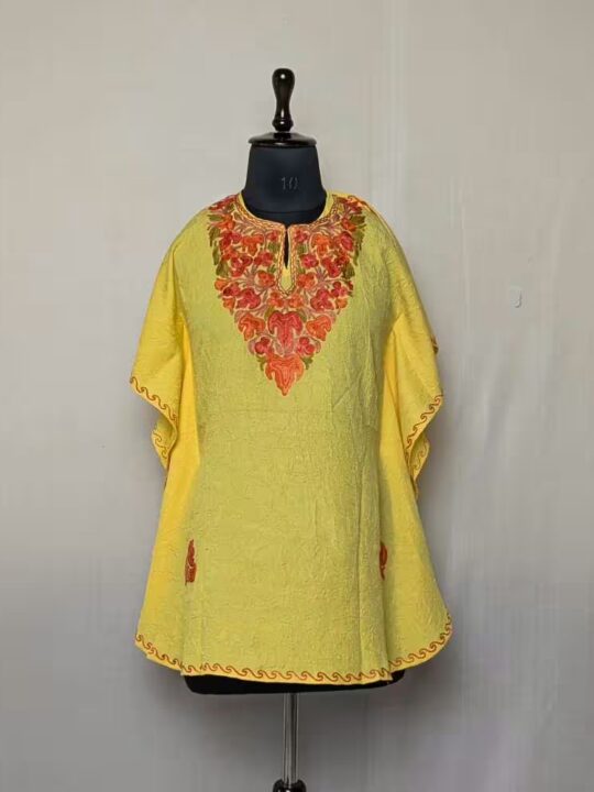 Cotton Girls Yellow Kaftan from Kashmir With Aari Craft - Gulmohar
