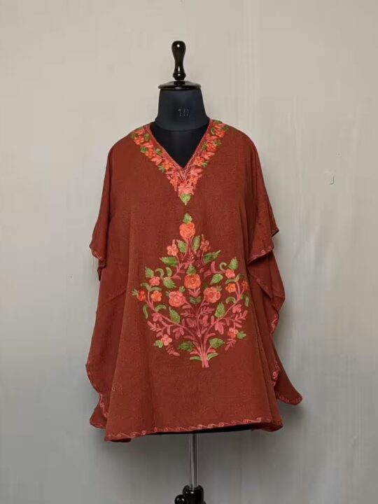 Cotton Rust Girls Kashmiri Kaftan Top With Subtle Aari Embroidery - Gulmohar