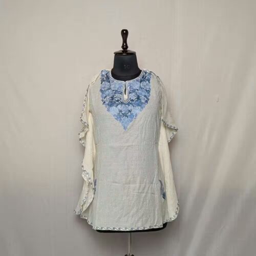 White Cotton Kaftan- Soft Fabric, Aari-Stiched Comfort