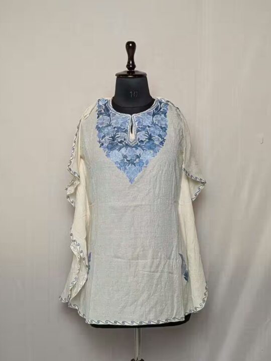 White Cotton Kaftan- Soft Fabric, Aari-Stiched Comfort