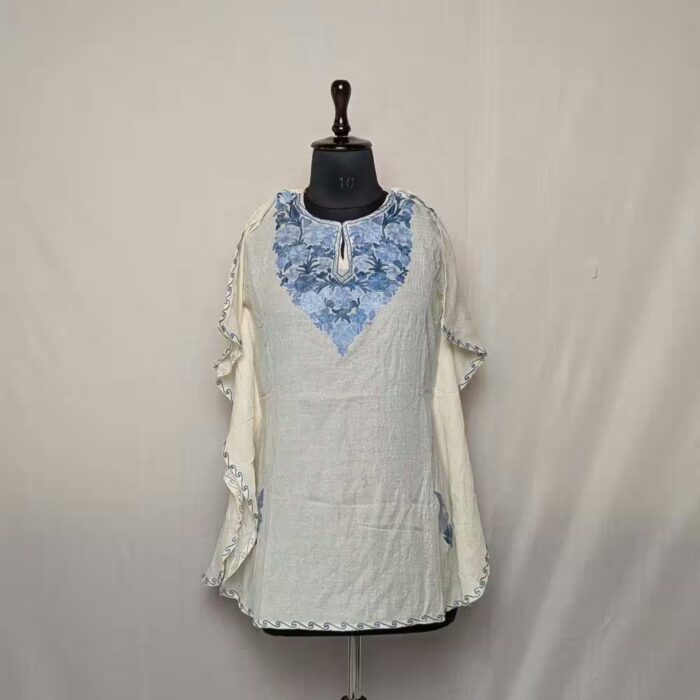 White Cotton Kaftan- Soft Fabric, Aari-Stiched Comfort