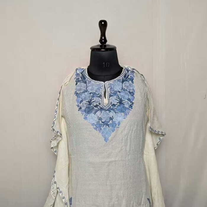 White Cotton Kaftan- Soft Fabric, Aari-Stiched Comfort - Image 2