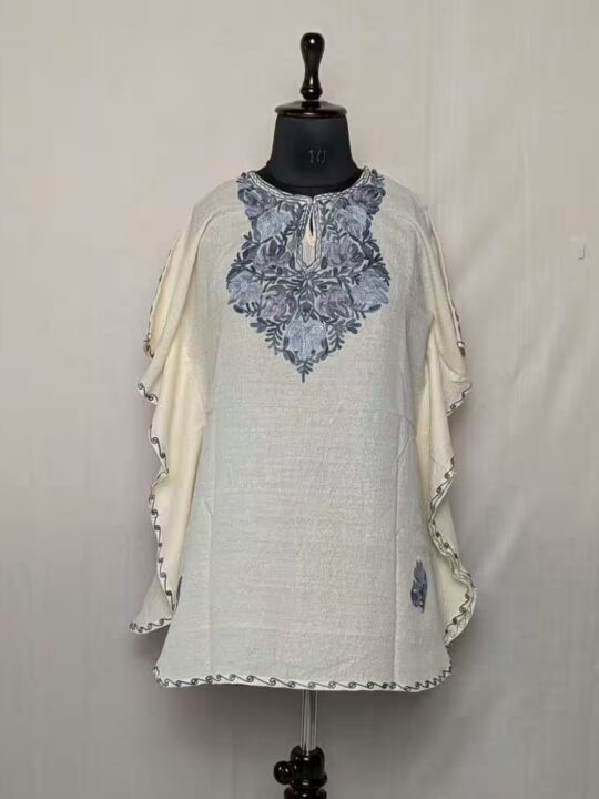 White Women Cotton Kaftan With Aari Embroidery- Gulmohar