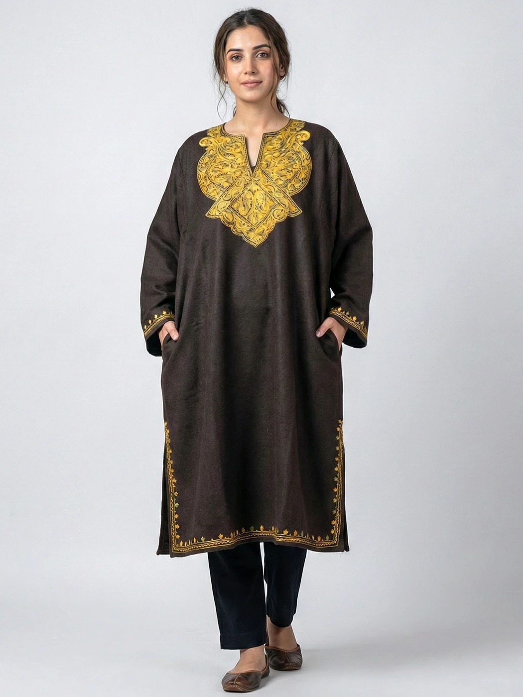 Nilofer Kashmiri Dark Brown Aari Embroidered Pattu Tweed Traditional Warm Pheran
