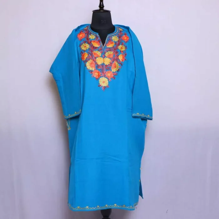 Womens Kashmiri Floral Cashmilon Ferozi Pheran with Aari Embroidery for Women Winter Wear