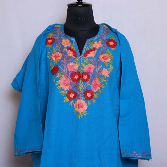 Kashmiri Firozi Cashmilon Pheran Dress Floral Aari Embroidery for Women - Image 2