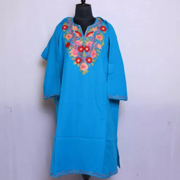 Kashmiri Firozi Cashmilon Pheran Dress Floral Aari Embroidery for Women