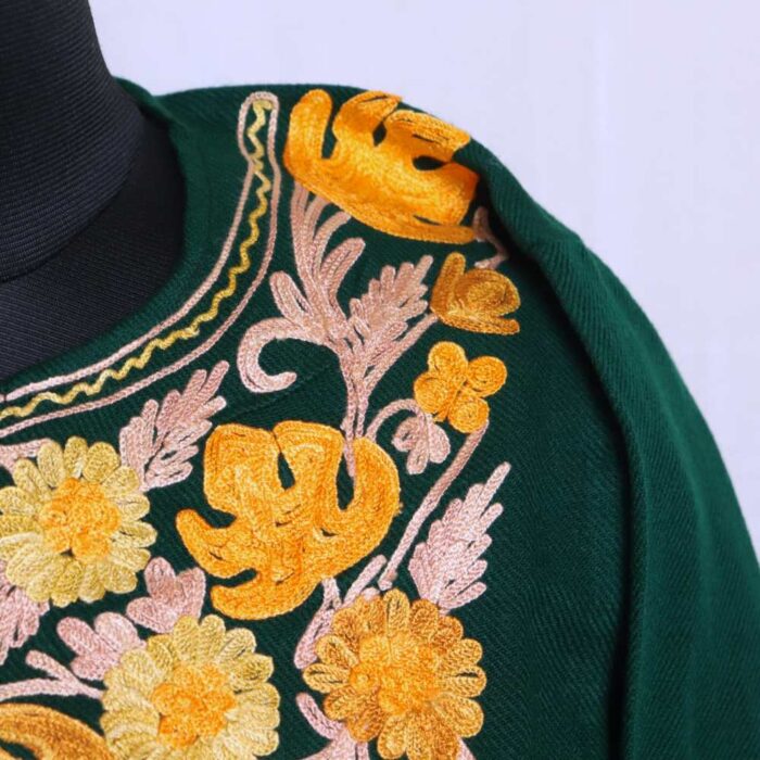 Floral Dark Green Kashmiri Cashmilon Pheran Dress Chinar Aari Embroidery for Women - Image 3