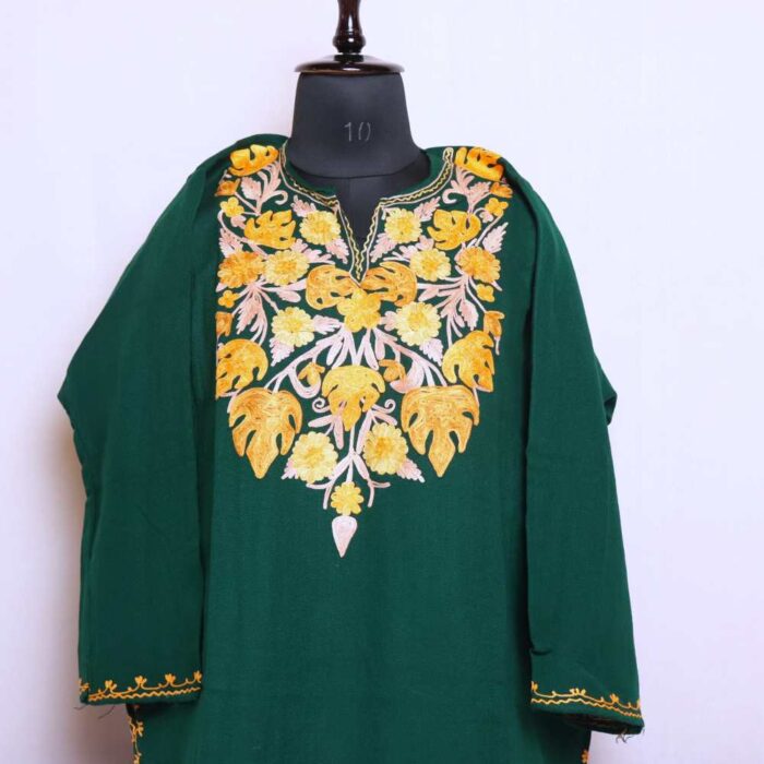 Floral Dark Green Kashmiri Cashmilon Pheran Dress Chinar Aari Embroidery for Women - Image 2