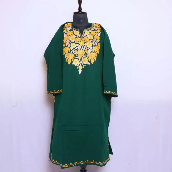 Floral Dark Green Kashmiri Cashmilon Pheran Dress Chinar Aari Embroidery for Women