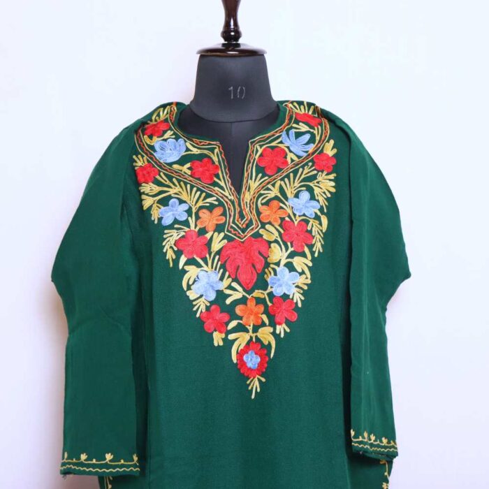 Dark Green Kashmiri Cashmilon Pheran Dress Chinar Aari Embroidery for Women - Image 3