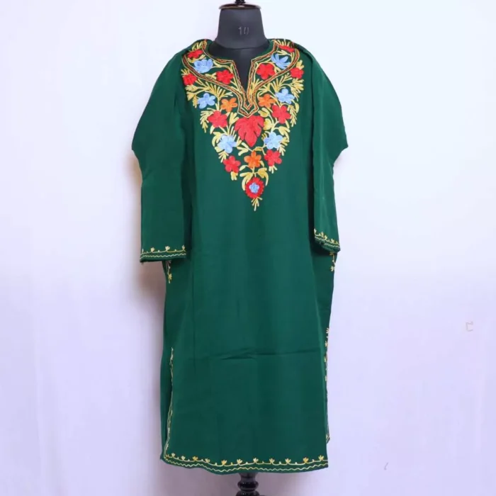 Dark Green Kashmiri Cashmilon Pheran Dress Chinar Aari Embroidery for Women