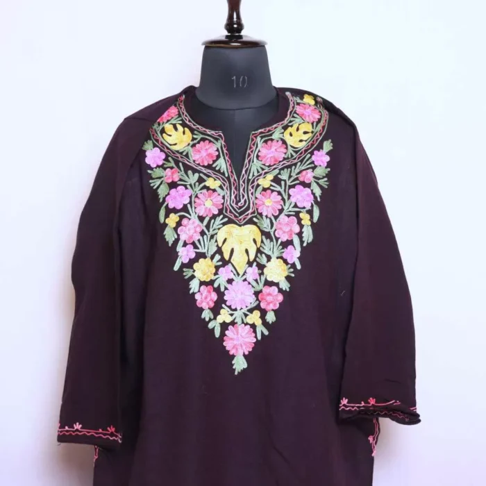 Womens Black Kashmiri Floral Cashmilon Pheran Dress Aari Embroidery for Winter Wear - Image 2