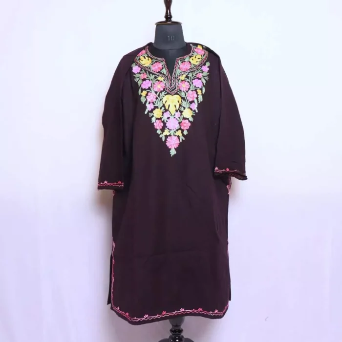 Womens Black Kashmiri Floral Cashmilon Pheran Dress Aari Embroidery for Winter Wear