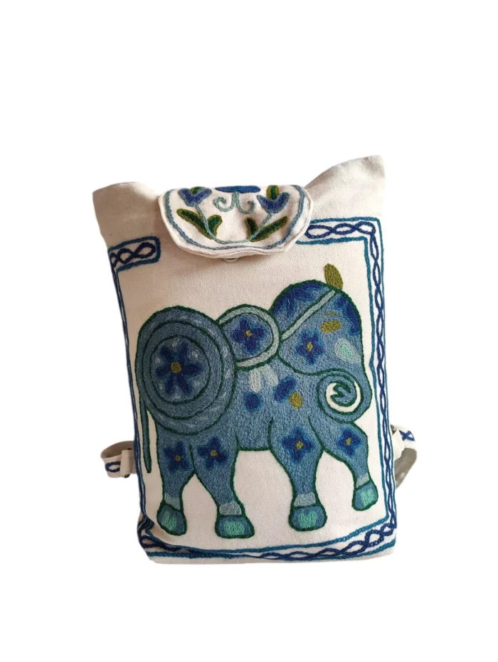 White Backpack With Kashmiri Crewel Embroidery Elephant Design