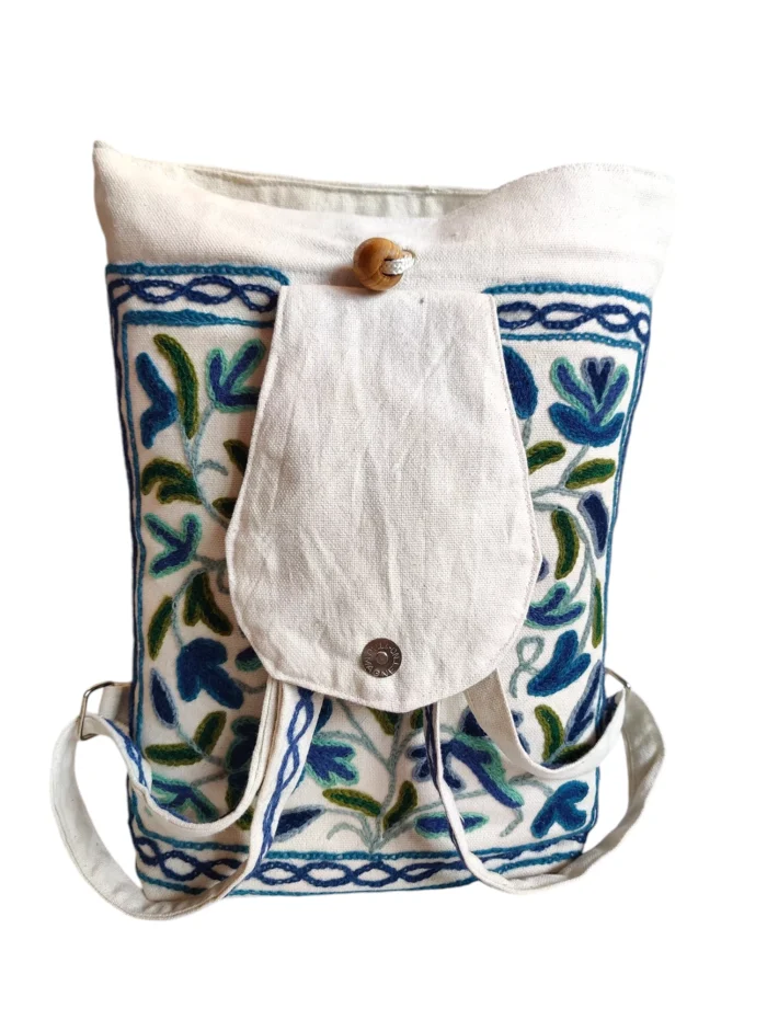 White Backpack With Kashmiri Crewel Embroidery Elephant Design - Image 2