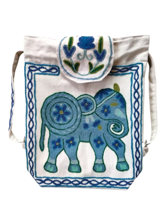 White Backpack With Kashmiri Crewel Embroidery Elephant Design | Small