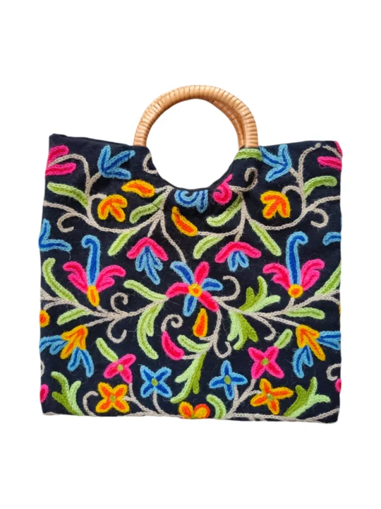 Square Ring Bag With Crewel Kashmiri Embroidery - Small